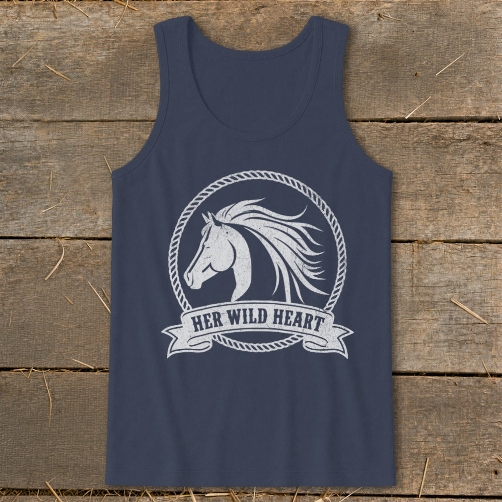 Navy tank top with white distressed horse head graphic and "HER WILD HEART" text.