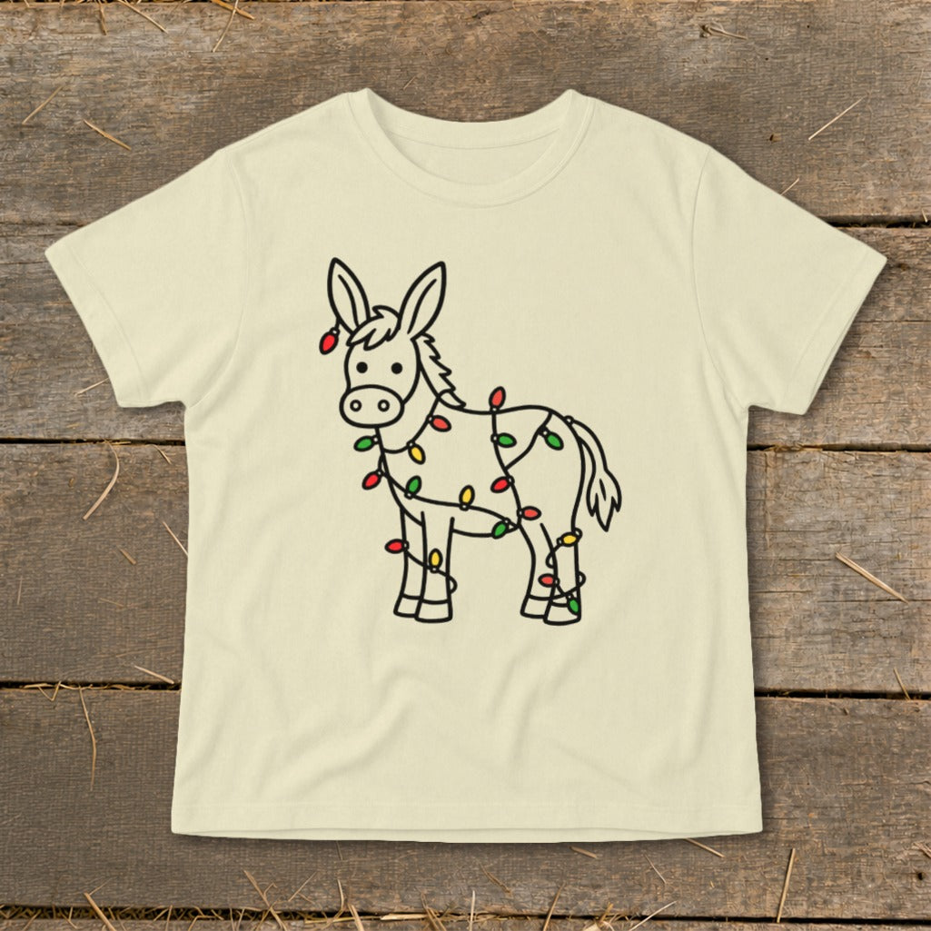 Cream t-shirt with a cartoon donkey wrapped in colorful Christmas lights.