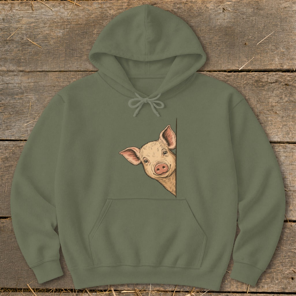 Olive green hoodie with a smiling pig peeking around the corner graphic.