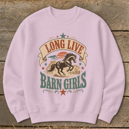 Pink sweatshirt with "Long Live Barn Girls" text and a running horse graphic.