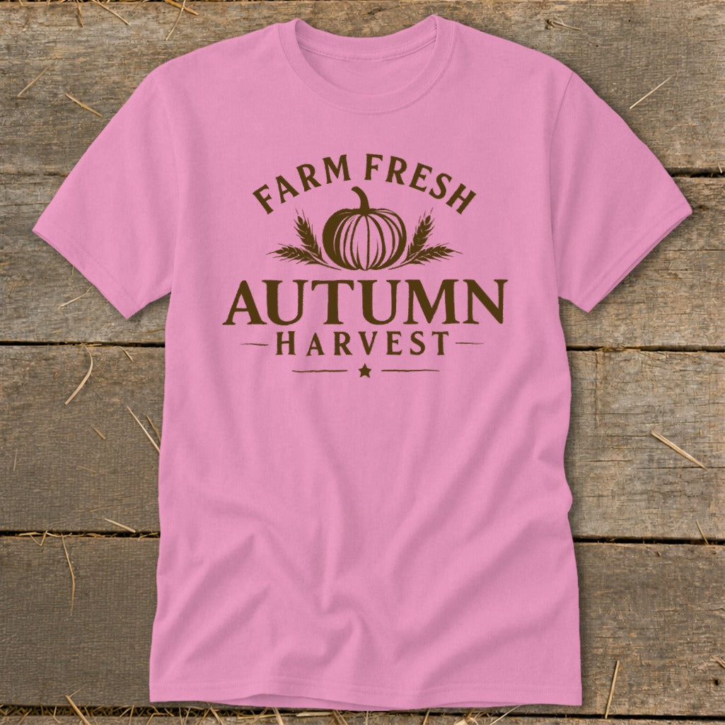 Pink t-shirt with "Farm Fresh Autumn Harvest" and pumpkin graphic.