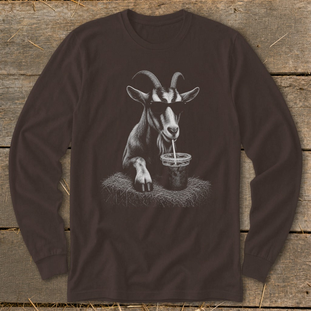 Line drawing of a goat wearing sunglasses, drinking from a cup with a straw.