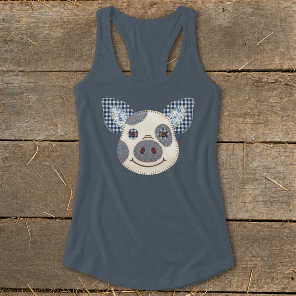 Gray tank top with a stitched pig face graphic featuring gingham ears.