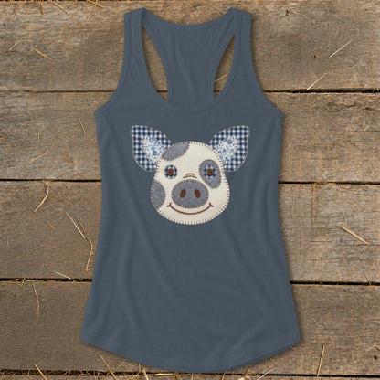 Gray tank top with a stitched pig face graphic featuring gingham ears.