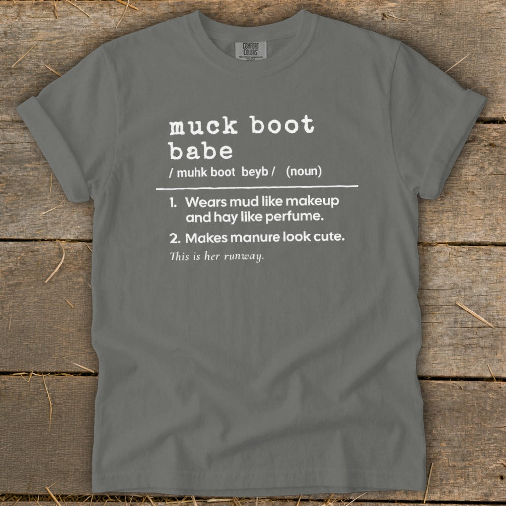 Comfort Colors grey t-shirt with "muck boot babe" definition and humorous text.