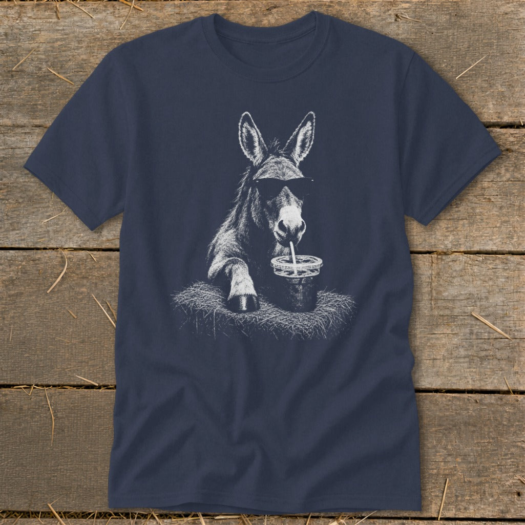 Dark blue t-shirt with a white graphic of a donkey wearing sunglasses drinking from a cup.