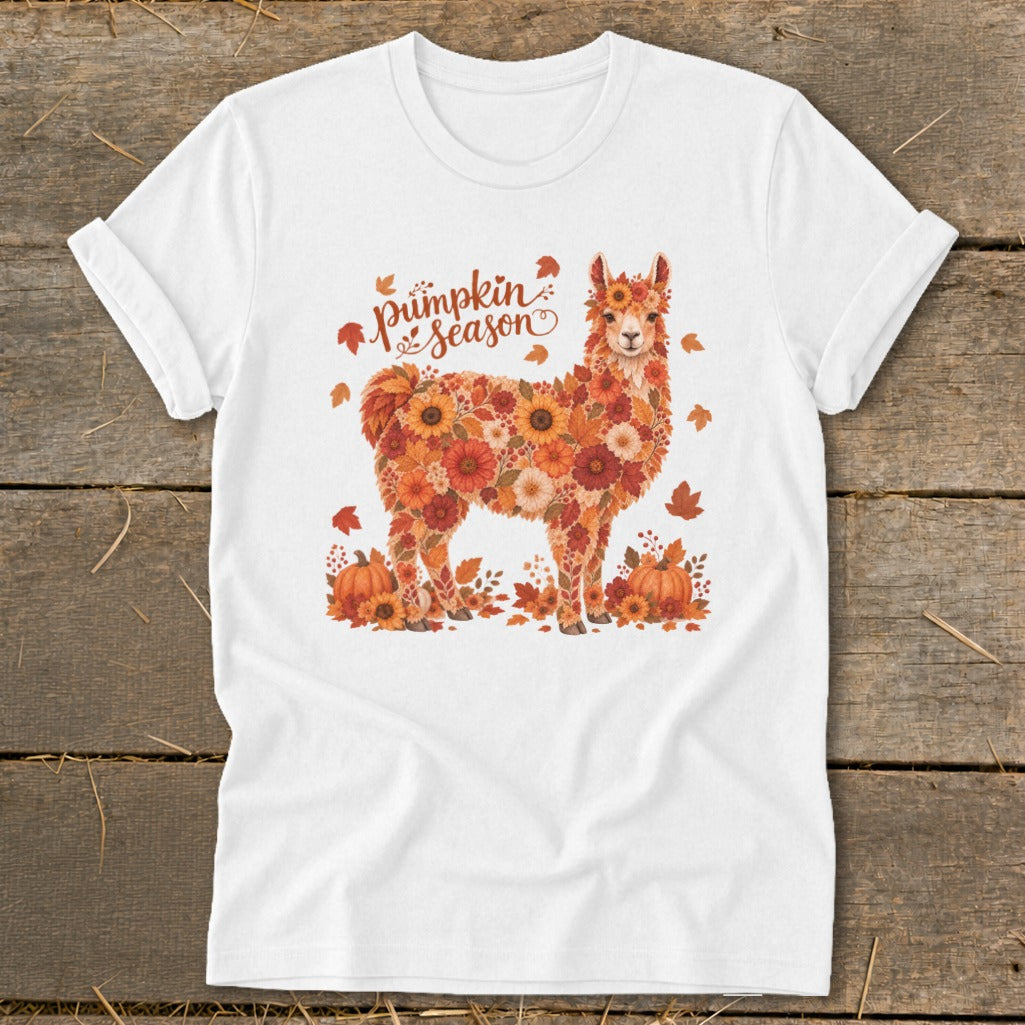 White t-shirt with a floral llama and "Pumpkin season" text.