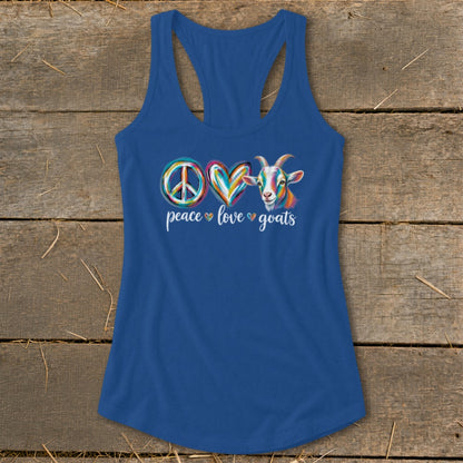 Blue tank top with "Peace Love Goats" text and a colorful goat illustration.