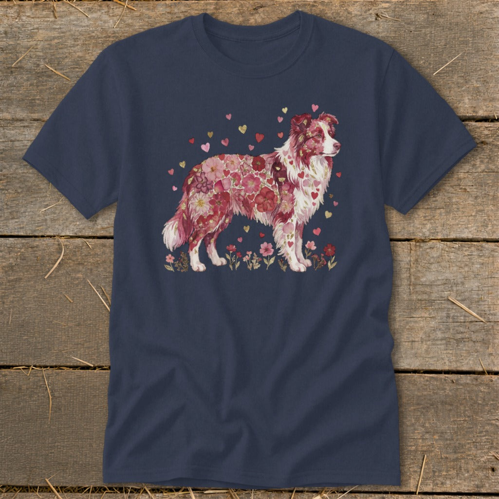 Navy t-shirt with a floral-patterned border collie and scattered hearts.