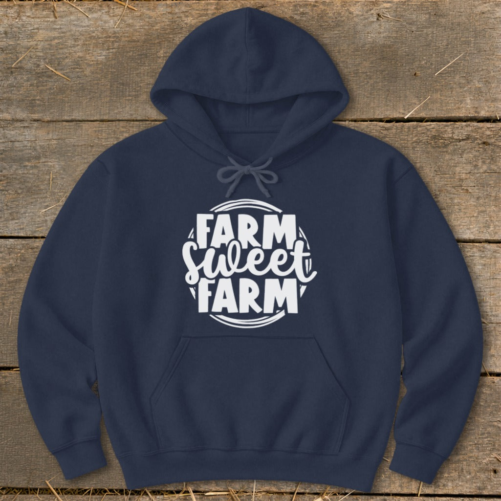 Navy hoodie with white "Farm Sweet Farm" text in a circular design.