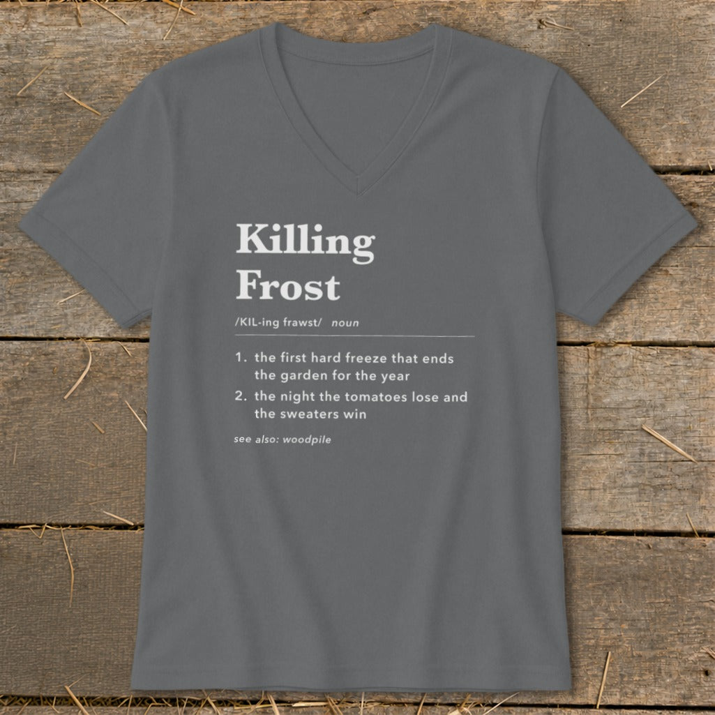 Dark grey V-neck t-shirt featuring a humorous dictionary definition of Killing Frost printed on the front.