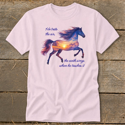 Light pink t-shirt featuring a prancing horse graphic filled with a sunset sky and inspirational text.
