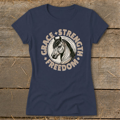 Dark navy t-shirt with a circular graphic of a horse's head and the words "Grace, Strength, Freedom."