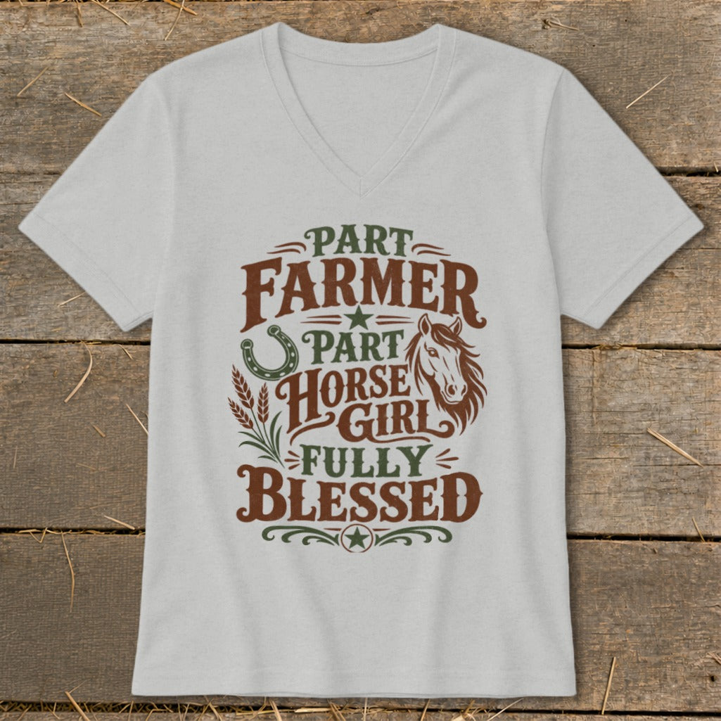 Light grey v-neck t-shirt with "Part Farmer, Part Horse Girl, Fully Blessed" graphic.