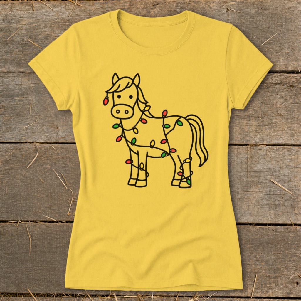 Yellow t-shirt with a line drawing of a horse wrapped in Christmas lights.