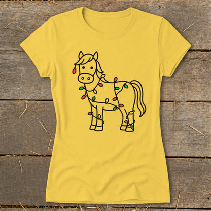 Yellow t-shirt with a line drawing of a horse wrapped in Christmas lights.