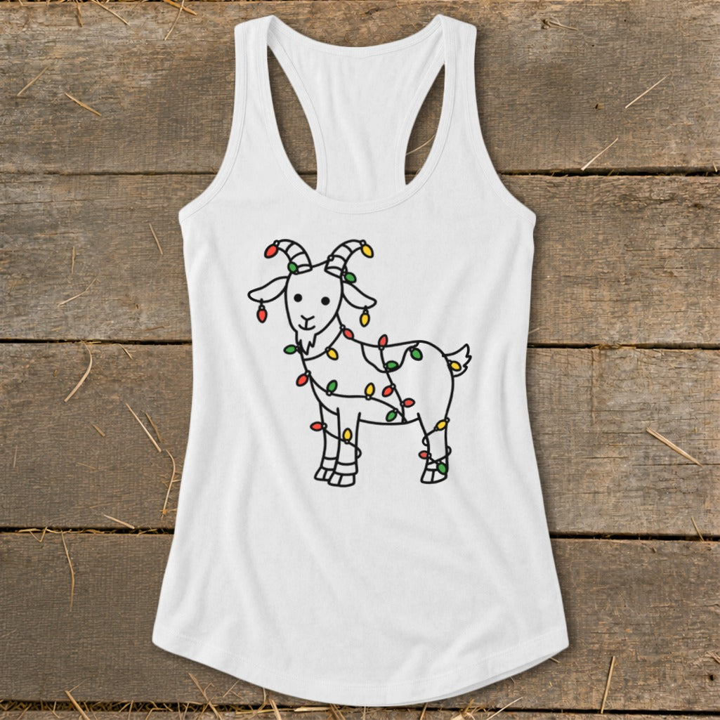 White tank top with a line drawing of a goat wrapped in colorful Christmas lights.