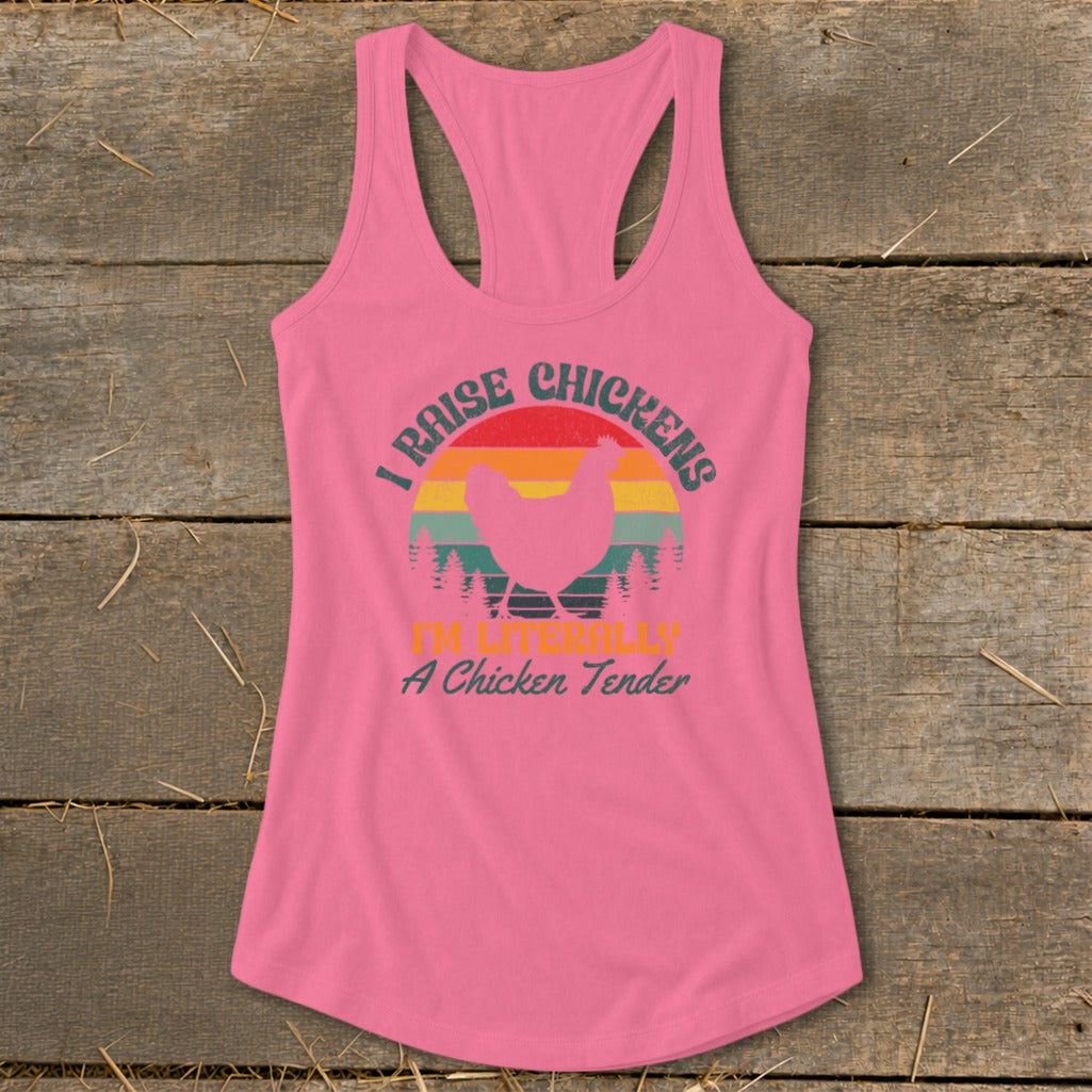 Pink tank top with "I Raise Chickens" and chicken silhouette graphic.