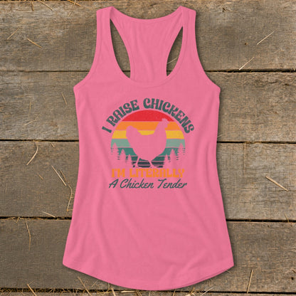 Pink tank top with "I Raise Chickens" and chicken silhouette graphic.
