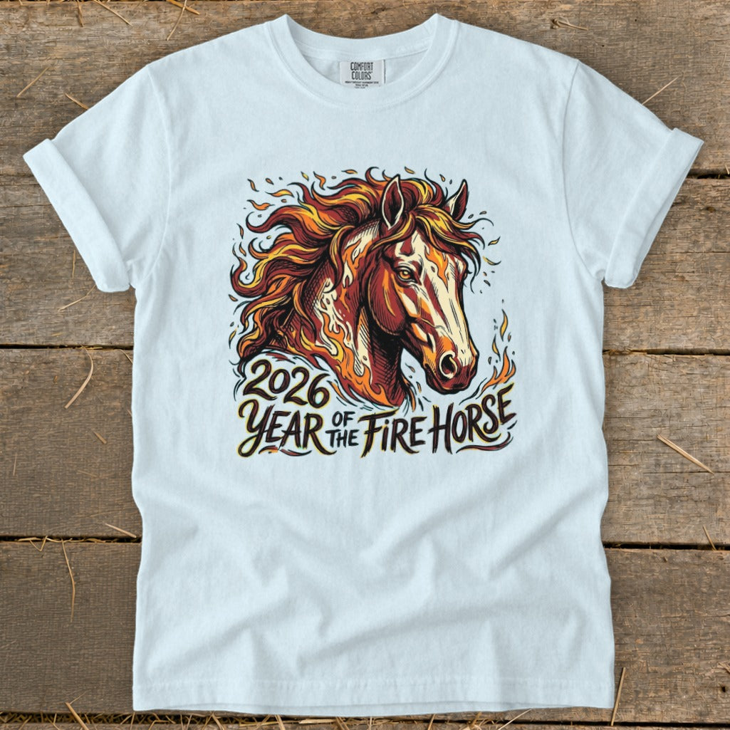 White t-shirt with a fiery horse graphic and "2026 Year of the Fire Horse" text.