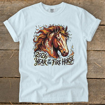 White t-shirt with a fiery horse graphic and "2026 Year of the Fire Horse" text.