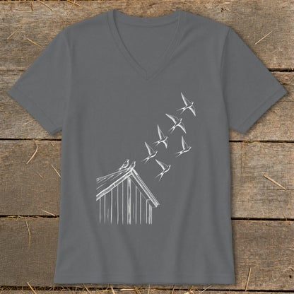 Charcoal grey V-neck t-shirt with a white line drawing of birds flying from a cabin roof.