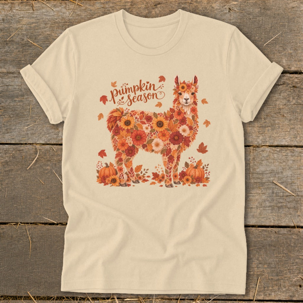 Cream t-shirt with a floral llama graphic and "Pumpkin Season" text.