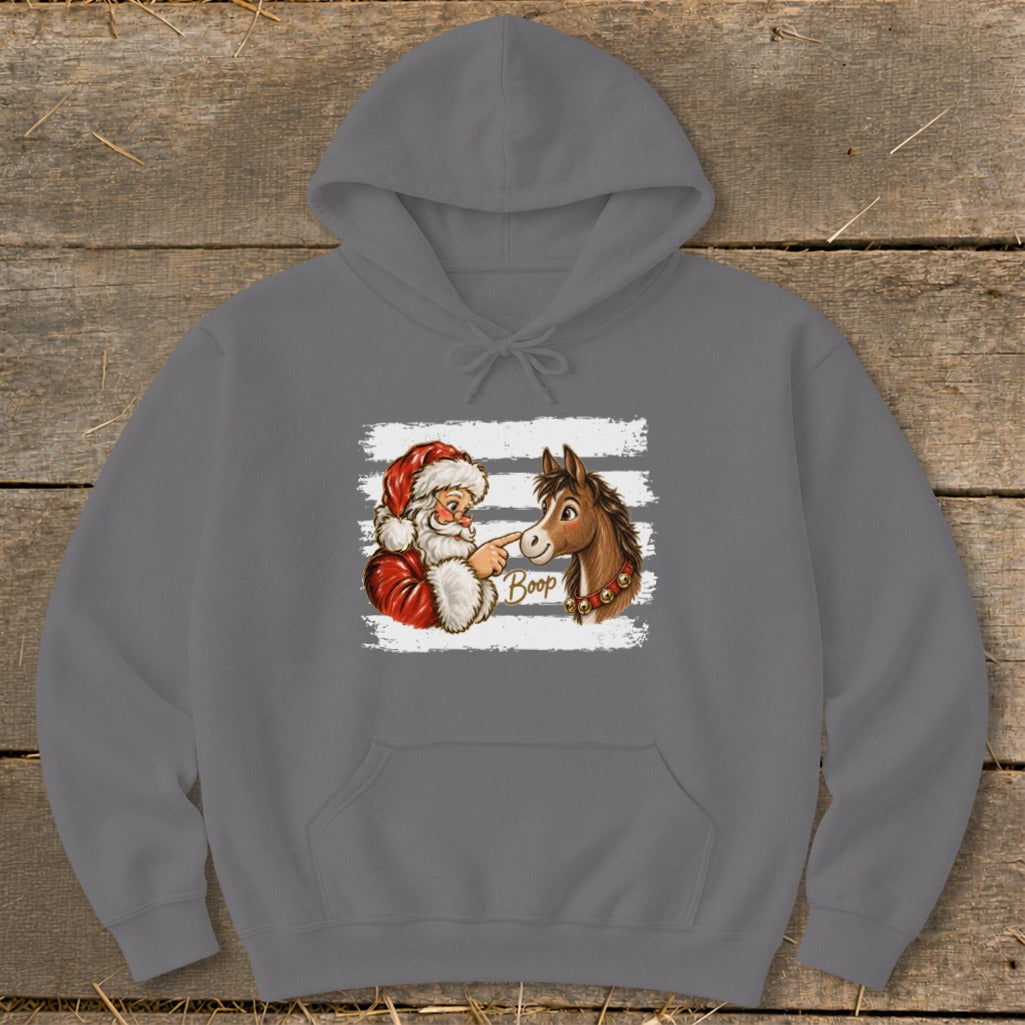 Santa booping a horse with "Boop" written in text.