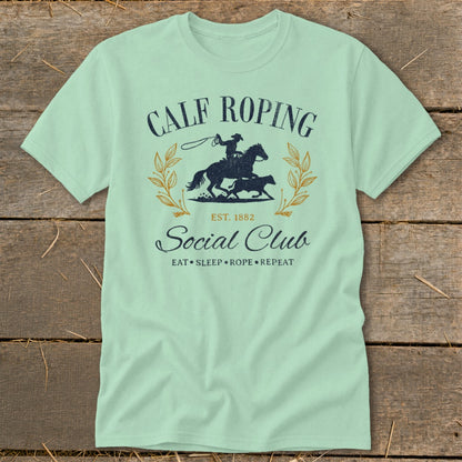 Calf Roping Social Club t-shirt with cowboy on horse and calf graphic.