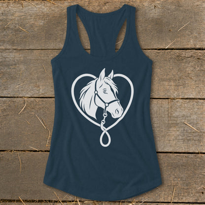 Dark blue racerback tank top featuring a white graphic of a horse head inside a heart.