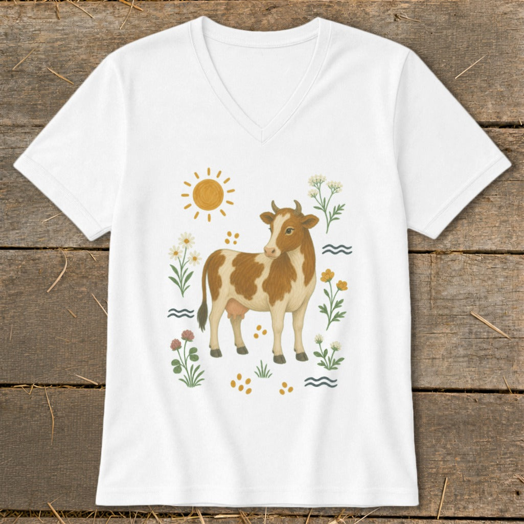 White v-neck t-shirt with a brown and white cow illustration surrounded by flowers and a sun.
