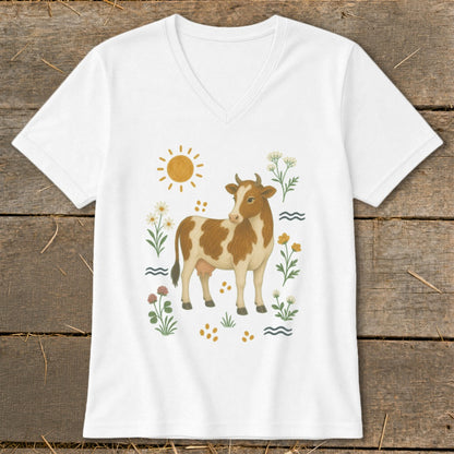 White v-neck t-shirt with a brown and white cow illustration surrounded by flowers and a sun.