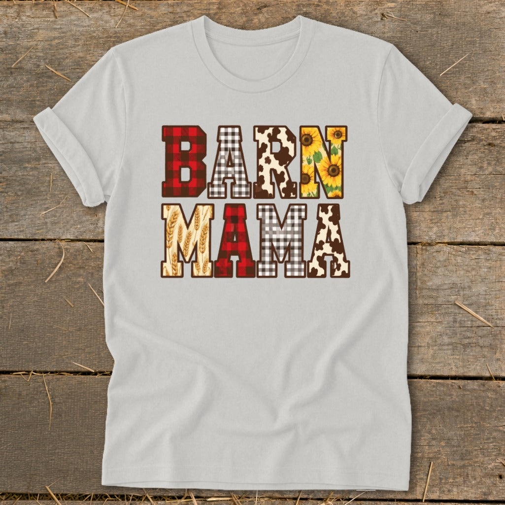 Gray t-shirt with "BARN MAMA" text in various farm-themed patterns.