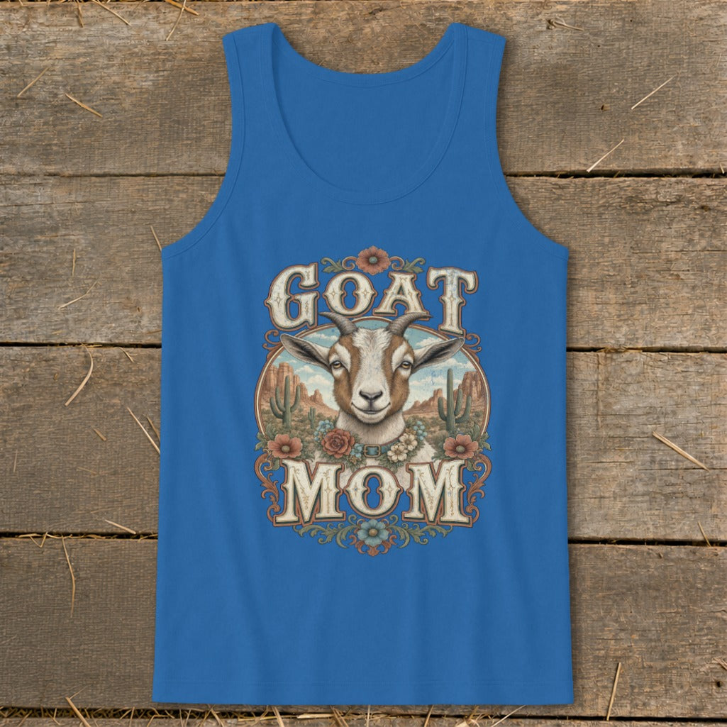 Blue tank top with "GOAT MOM" text and goat illustration in a desert landscape.