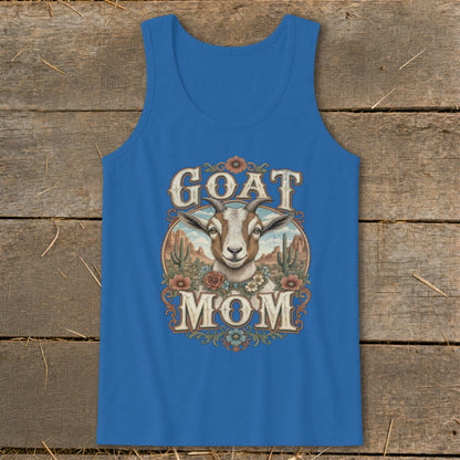 Blue tank top with "GOAT MOM" text and goat illustration in a desert landscape.