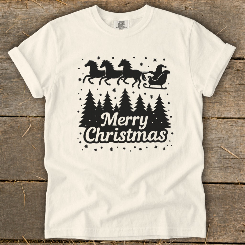 White t-shirt with black graphic of Santa's sleigh pulled by horses and text "Merry Christmas".