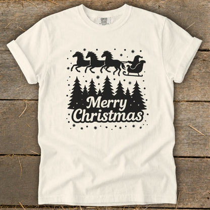 White t-shirt with black graphic of Santa's sleigh pulled by horses and text "Merry Christmas".