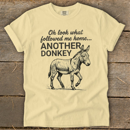 Light yellow t-shirt with sketch of donkey and text: "Oh look what followed me home... ANOTHER DONKEY."