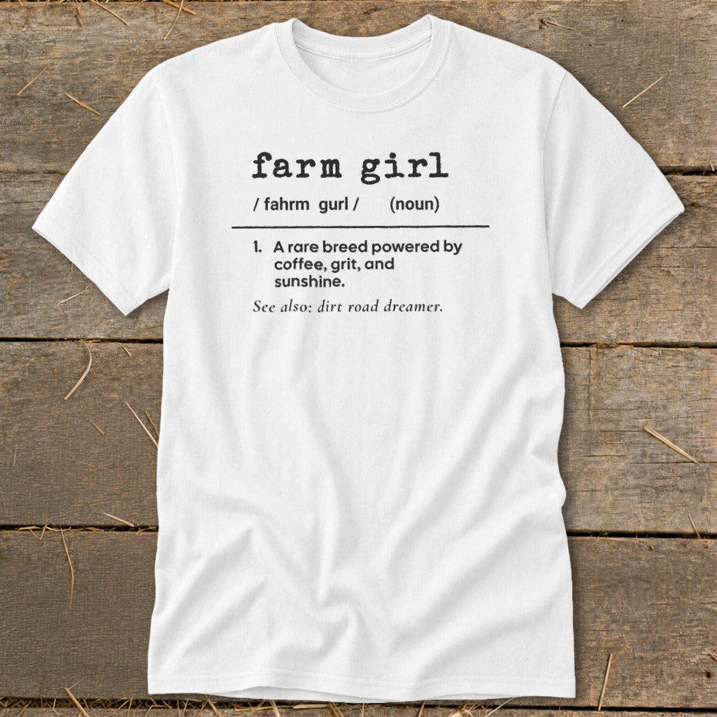 White t-shirt with "farm girl" definition, including pronunciation and meaning.