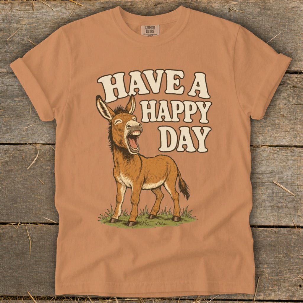 T-shirt with a happy donkey and text "HAVE A HAPPY DAY".