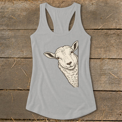Grey tank top with a drawing of a sheep peeking from the side.