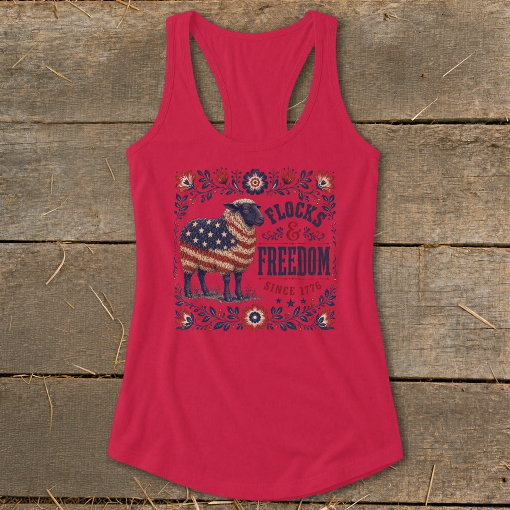 Red tank top with a sheep in American flag print and text "Flocks & Freedom Since 1776".