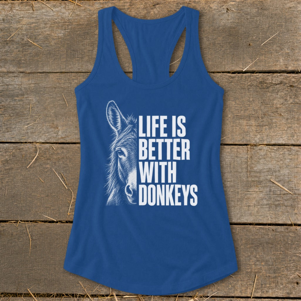 Blue tank top with sketch of donkey head and text "Life is Better With Donkeys".