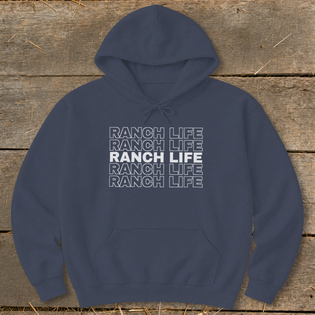 Dark blue hooded sweatshirt featuring the words RANCH LIFE repeated in white block letters.
