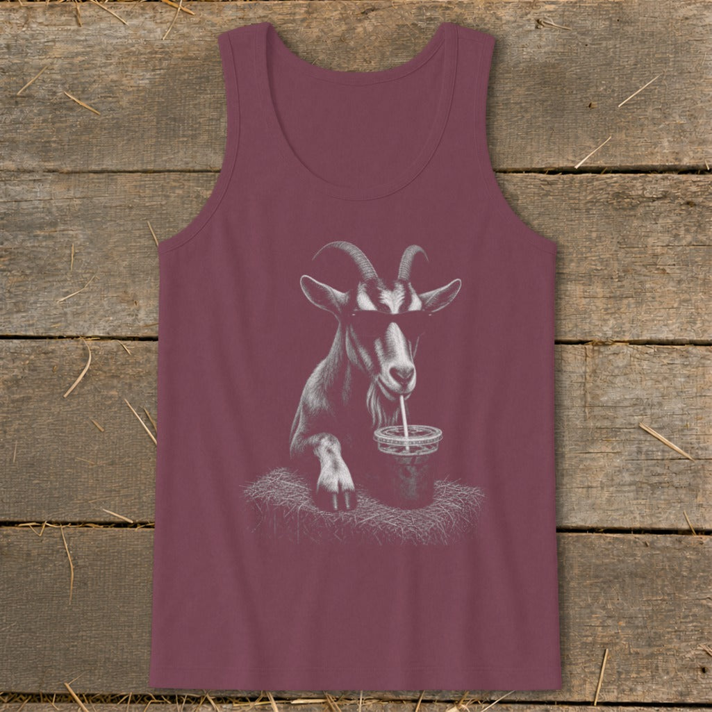 Maroon tank top with a graphic of a goat wearing sunglasses and drinking from a cup.