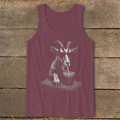 Maroon tank top with a graphic of a goat wearing sunglasses and drinking from a cup.