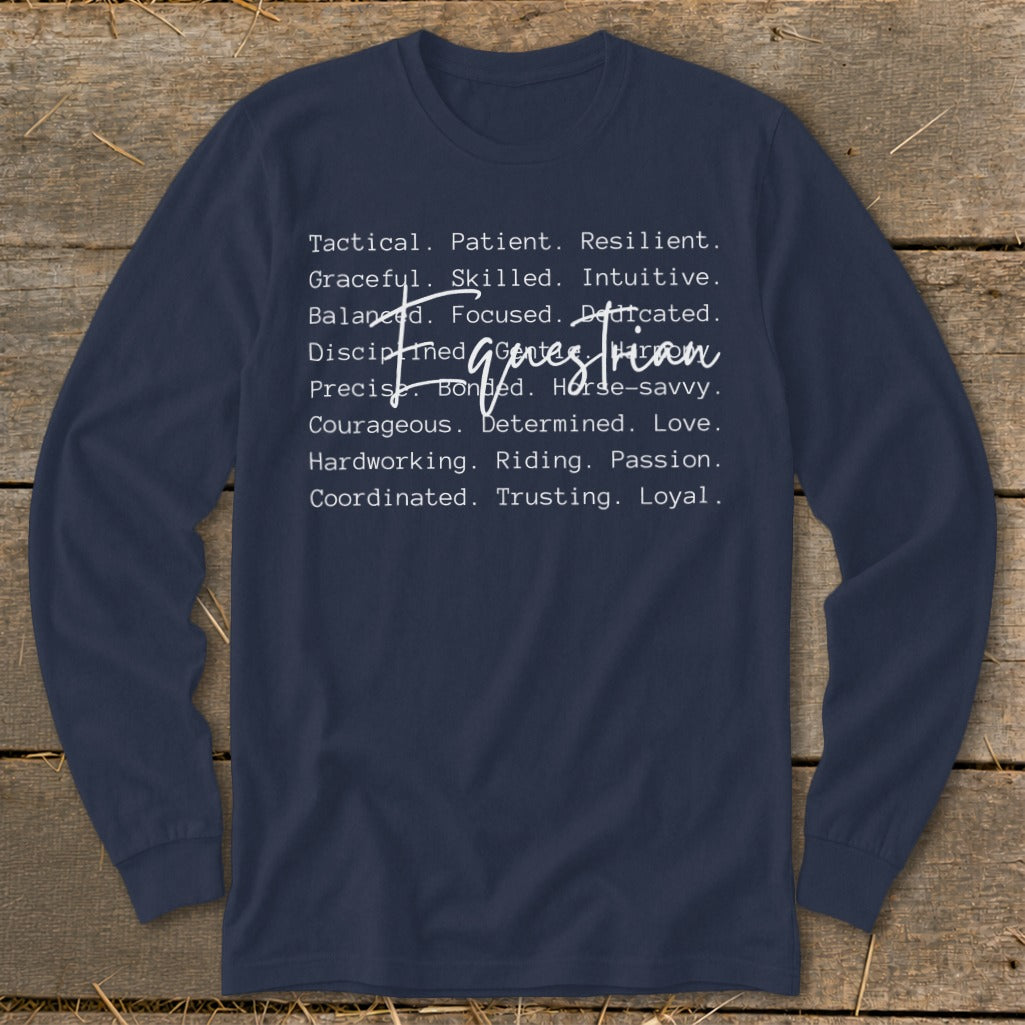 Navy long-sleeve shirt with "Equestrian" and positive traits listed in text.