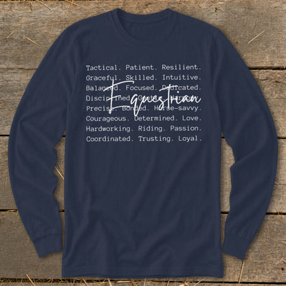 Navy long-sleeve shirt with "Equestrian" and positive traits listed in text.