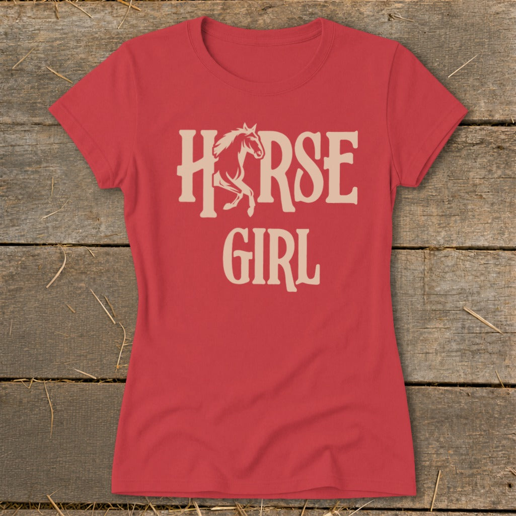 Red t-shirt with tan text and horse graphic, reading "HORSE GIRL".