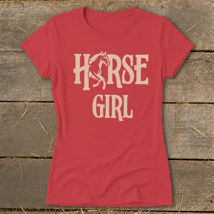Red t-shirt with tan text and horse graphic, reading "HORSE GIRL".